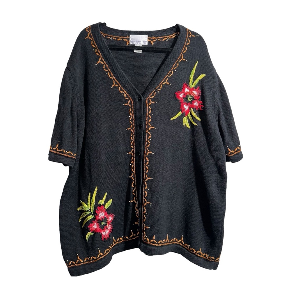 EUC SUSAN GRAVER STYLE Embroidered‎ and Beaded Short-Sleeved Floral Sweater - 3X
